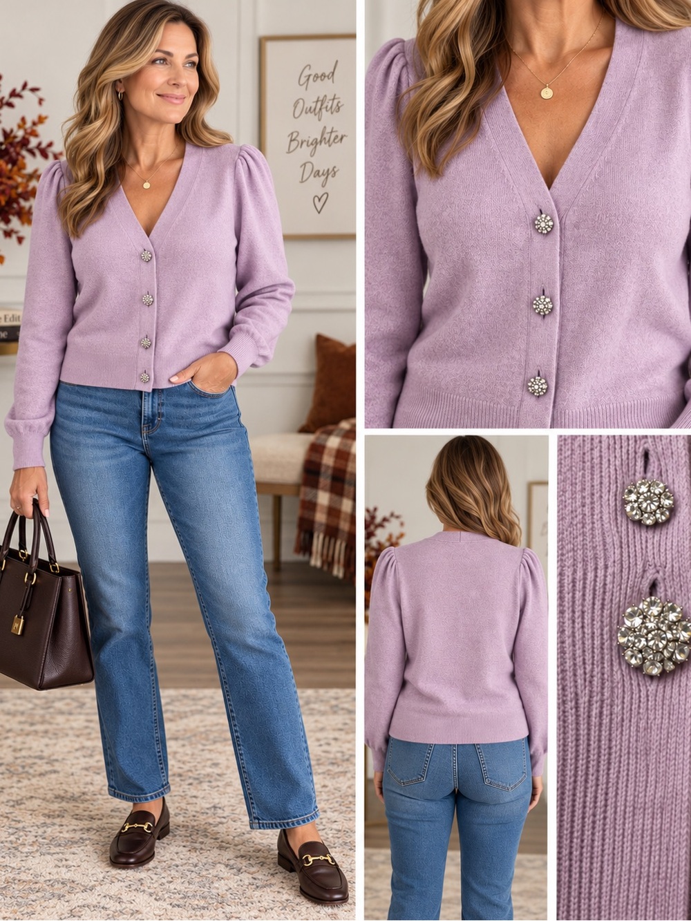 LOFT Women’s M Lavender Cardigan Rhinestone Jeweled Buttons Puff Sleeve V Neck